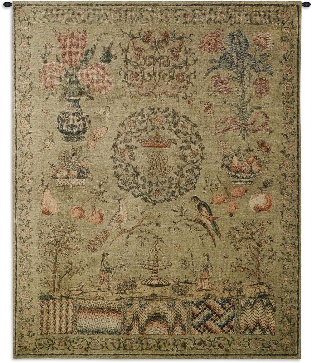 Woven Tapestry Wall Hanging – Vintage Sampler Floral Pattern, 100% Cotton, 53x44