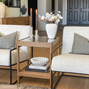 Glass Top End Table with Rattan Shelf & Wood Frame