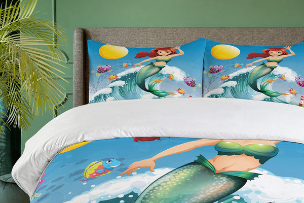 Queen Mermaid Duvet Cover Set – 3-Piece Microfiber Bedding, Yellow Blue Green
