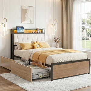 Twin XL Bed Frame with Storage Drawers, Charging Station & LED Lights