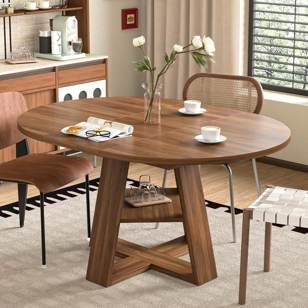 Extendable Round Dining Table with Storage Shelf