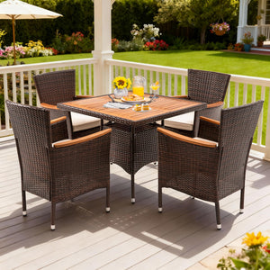Rattan Patio Dining Set with Acacia Wood Tabletop