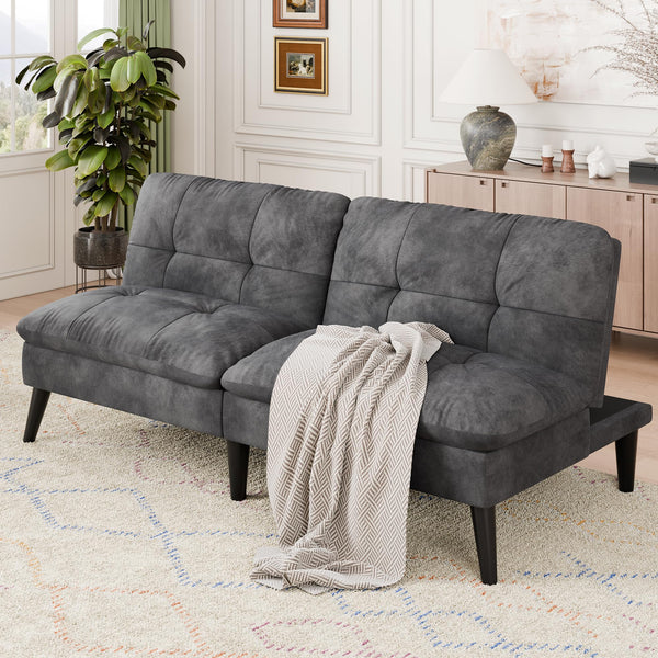 Velvet Futon Sofa Bed – Convertible Loveseat with Adjustable Backrest, Grey