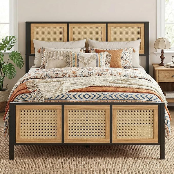 Rattan Headboard Platform Bed Frame