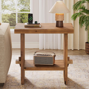 2-Tier Solid Wood End Table with Open Shelves