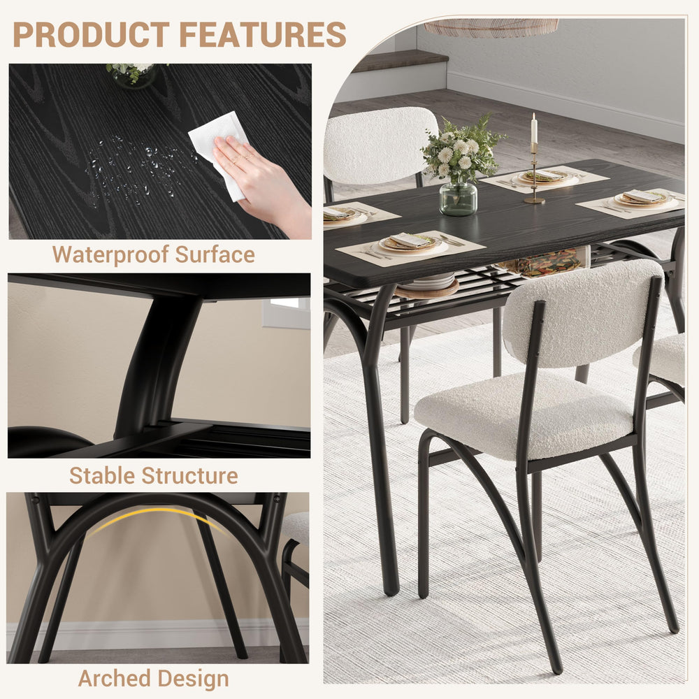 5-Piece Dining Table Set with 4 Boucle Chairs & Storage Shelf