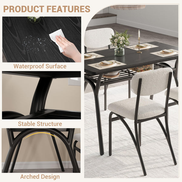 5-Piece Dining Table Set with 4 Boucle Chairs & Storage Shelf