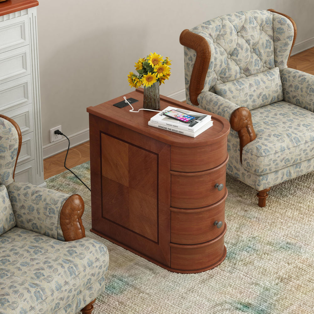 Narrow End Table with Charging Station & 2 Drawers, Fully Assembled