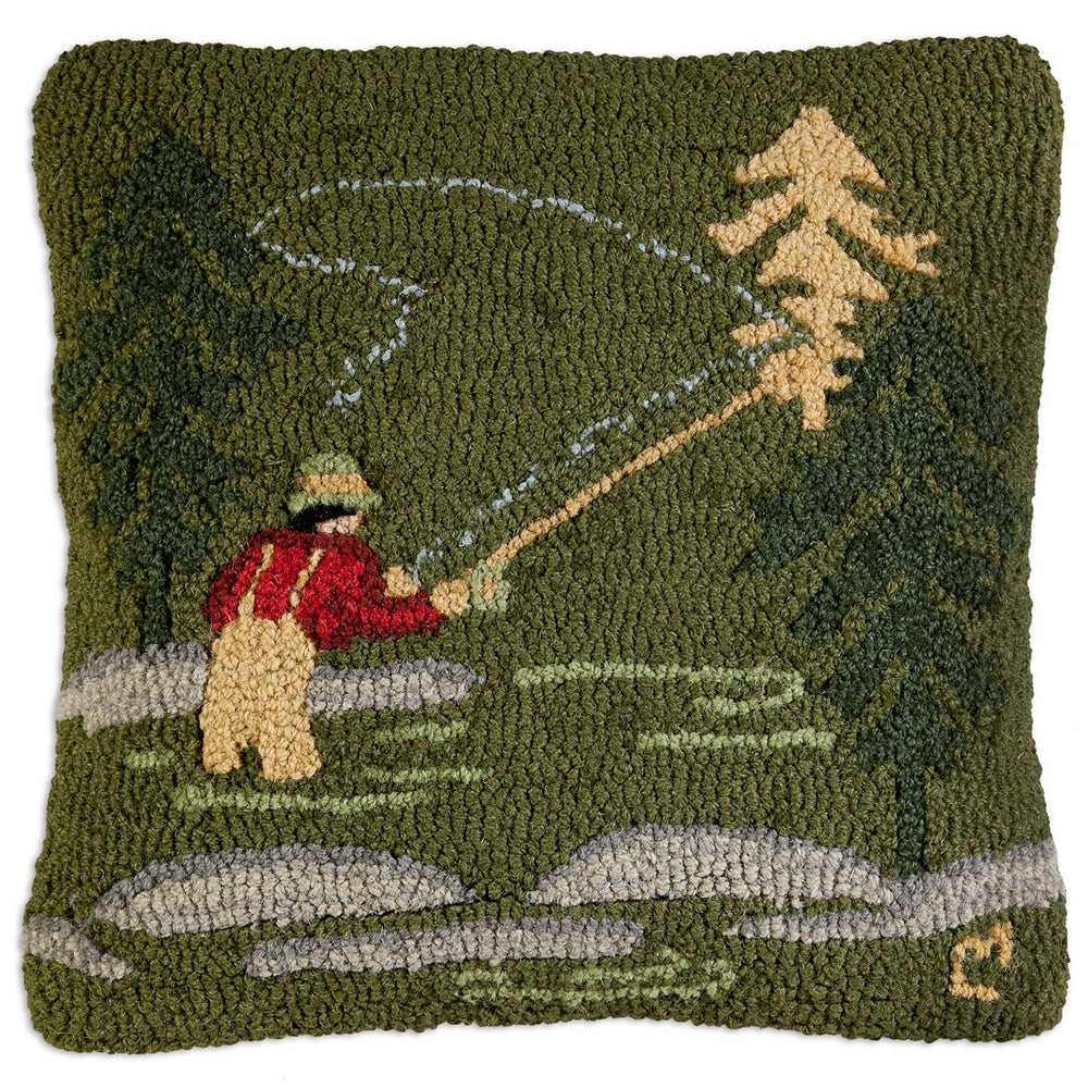 Hand-Hooked Wool Fly Fisherman Throw Pillow