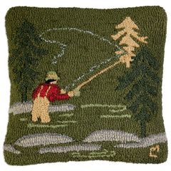 Hand-Hooked Wool Fly Fisherman Throw Pillow