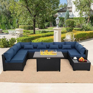 10-Piece Outdoor Wicker Patio Sectional Set with Fire Pit Table