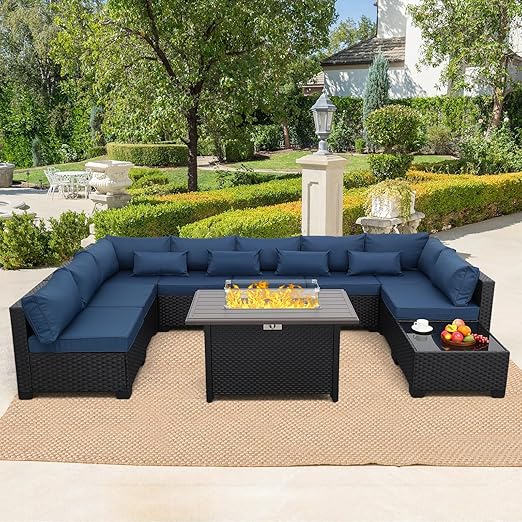 10-Piece Outdoor Wicker Patio Sectional Set with Fire Pit Table