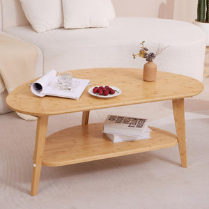 Oval Bamboo Coffee Table with Lower Storage Shelf