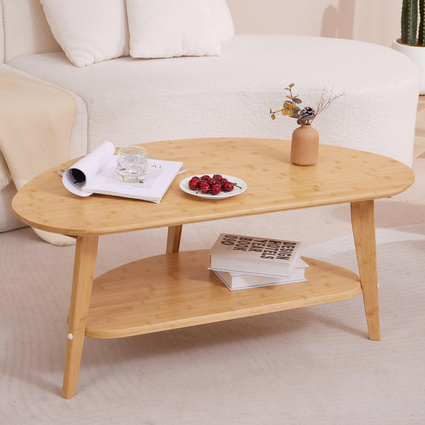 Oval Bamboo Coffee Table with Lower Storage Shelf
