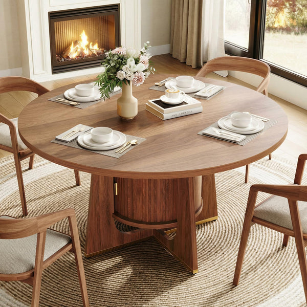 47 Inch Round Dining Table with Built-In Storage Cabinet — Mid-Century Modern