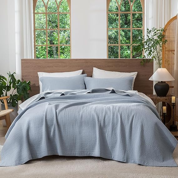 Washed Cotton Stripe Stitch Quilt Set with Pillow Shams
