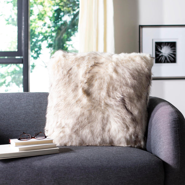 Taupe Faux Fur Feather-Filled Throw Pillow 20x20