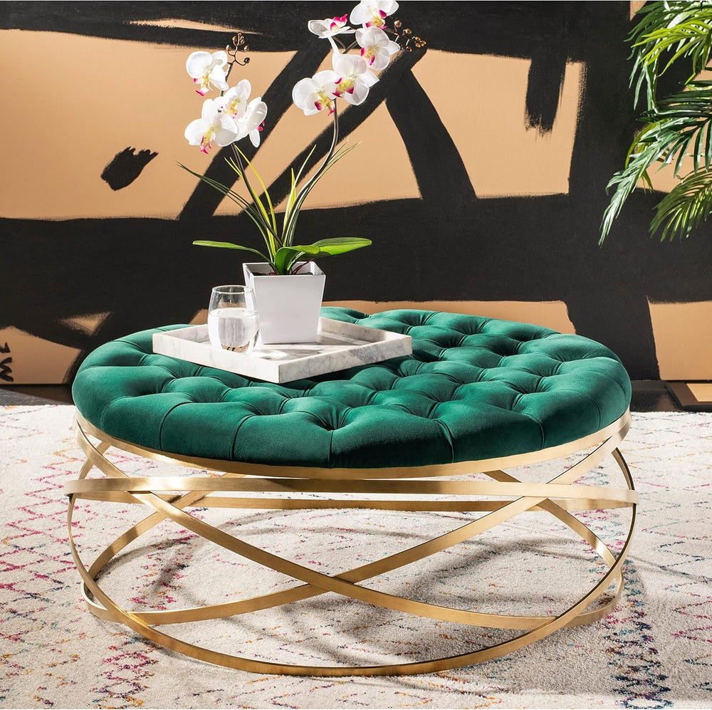 Round Velvet Tufted Ottoman with Gold Legs