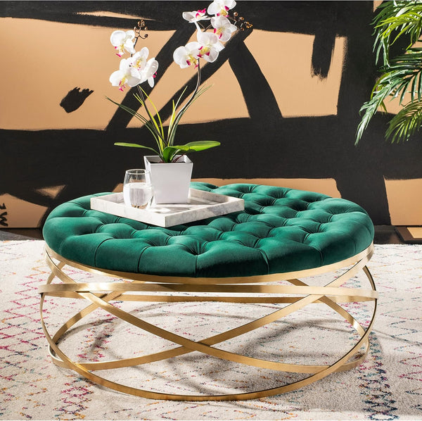 Round Velvet Tufted Ottoman with Gold Legs