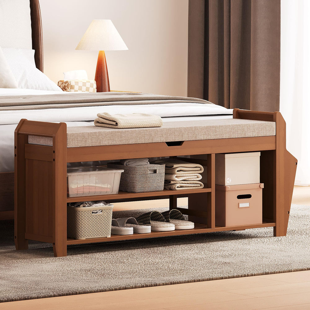 Bamboo Shoe Rack Bench with Cushion & Flip-Top Storage