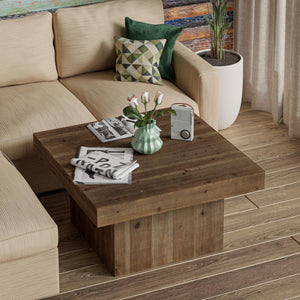Farmhouse Square Wood Block Coffee Table with Distressed Finish