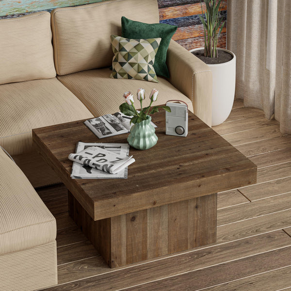 Farmhouse Square Wood Block Coffee Table with Distressed Finish