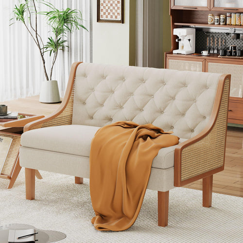 Mid-Century Modern Loveseat Sofa with Natural Rattan Arms & Upholstered Cushions
