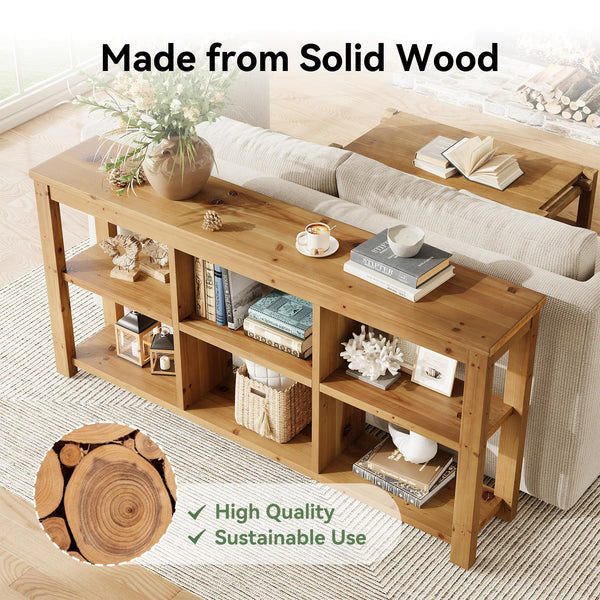 63-Inch Solid Wood Console Table with 6 Storage Cubes