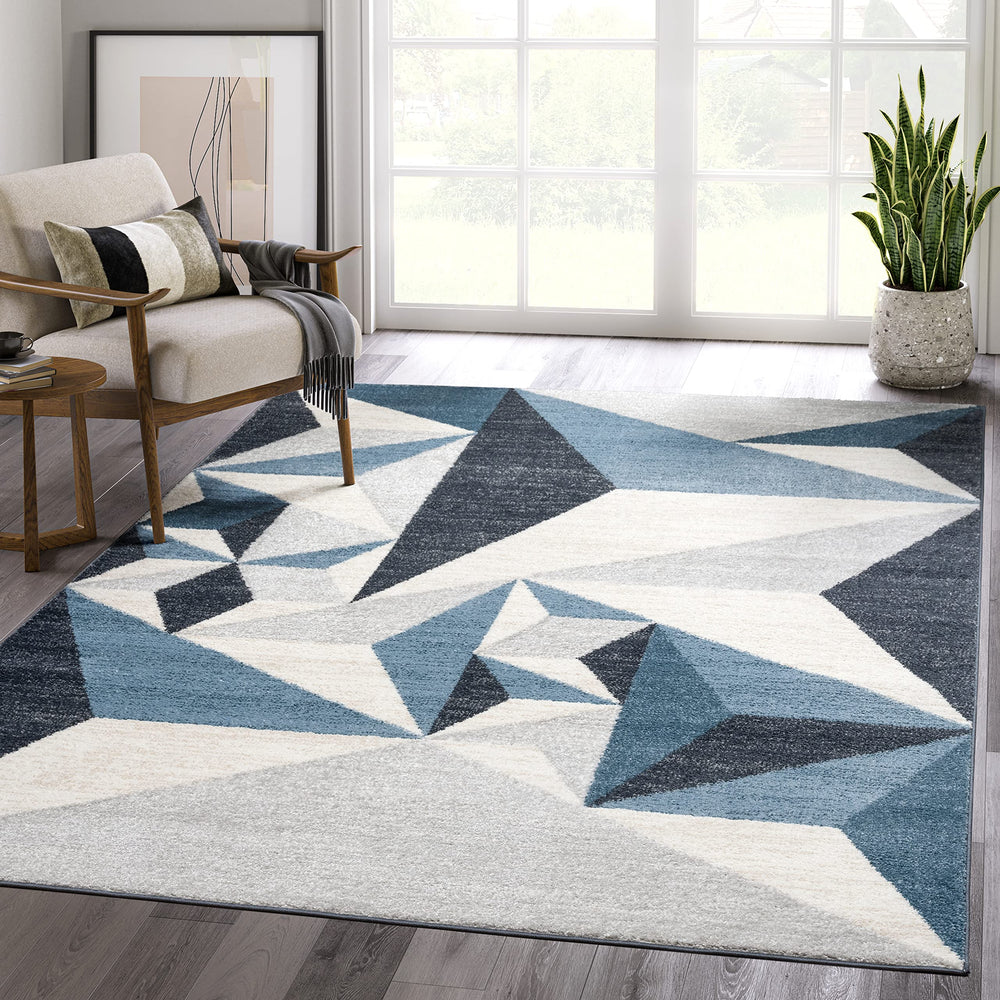 Gray & Blue Geometric Area Rug | 5' x 8' Contemporary Rectangular