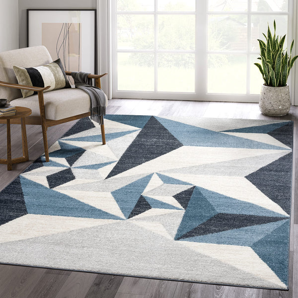 Gray & Blue Geometric Area Rug | 5' x 8' Contemporary Rectangular