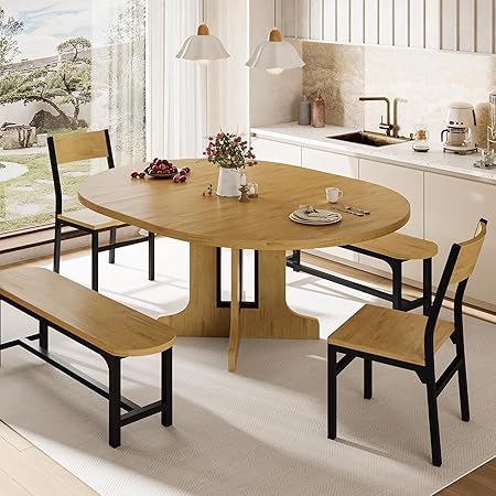5-Piece Extendable Round Dining Table Set with Chairs and Benches