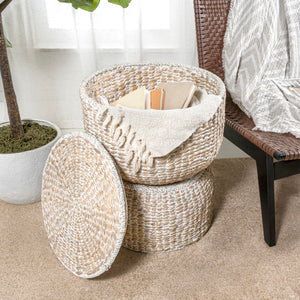Hourglass Handwoven Hyacinth Storage Accent Table with Lid