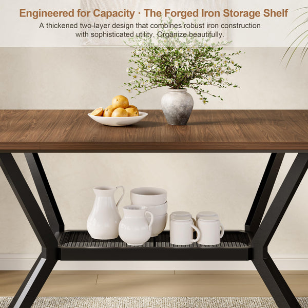 55-Inch Rectangular Dining Table with Storage Shelf and Metal Legs