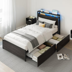 Twin XL Bed Frame with Storage Drawers, LED Light & Charging Station