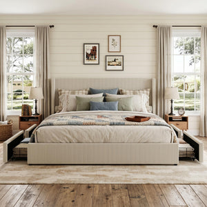 King Size Bed Frame with Storage Drawers, Corduroy Upholstered Wingback Platform Bed