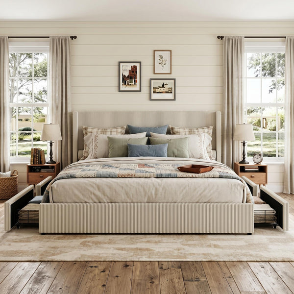 King Size Bed Frame with Storage Drawers, Corduroy Upholstered Wingback Platform Bed