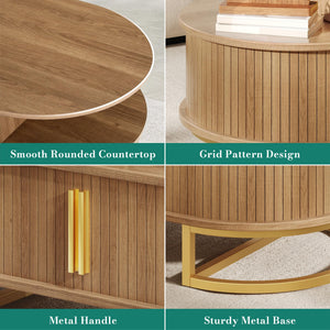 Oval Fluted Coffee Table with Sliding Door Storage & Gold Handles