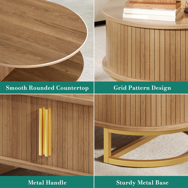 Oval Fluted Coffee Table with Sliding Door Storage & Gold Handles