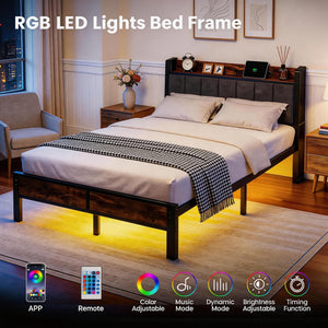 LED Platform Bed Frame with Charging Station & RGB Lighting