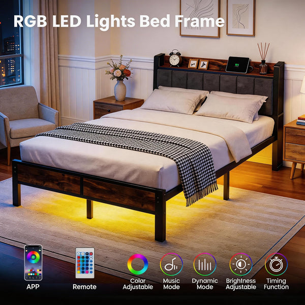 LED Platform Bed Frame with Charging Station & RGB Lighting