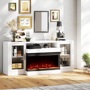 63" Fireplace TV Stand with 3-Sided Electric Fireplace & Glass Door Storage