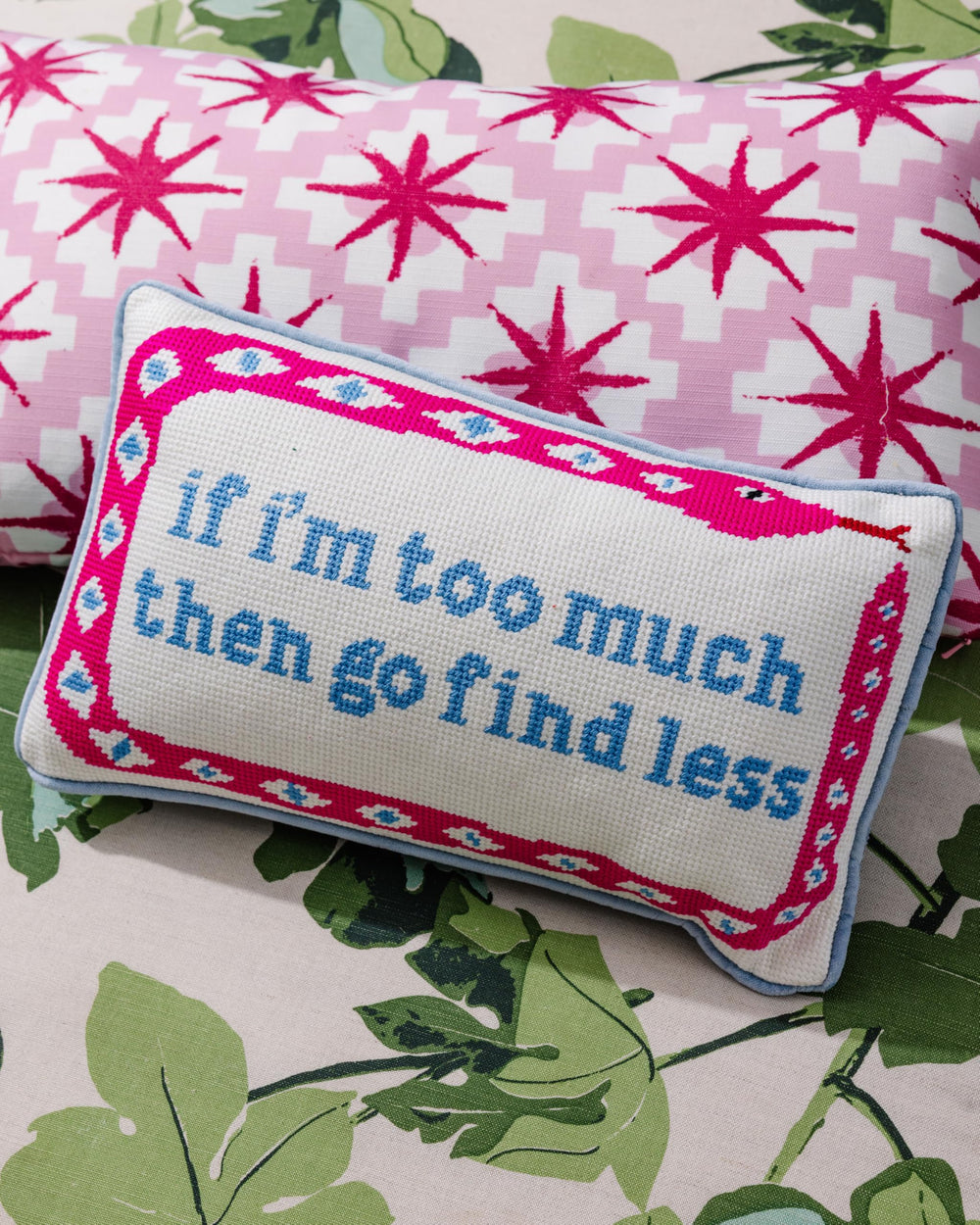 Needlepoint Throw Pillow – Blue Wool Embroidered Accent
