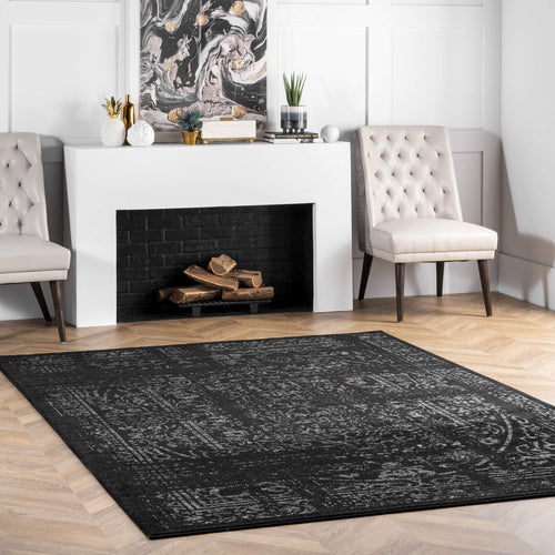 Vintage Medallion Area Rug 10x14 – Polypropylene Indoor Rug, Black & Grey