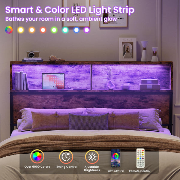 Queen Headboard with LED Light & Charging Station