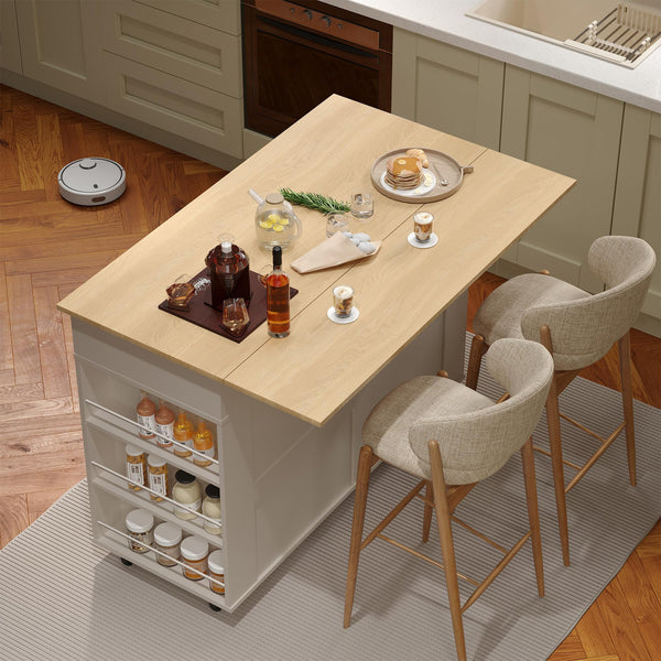 Rolling Kitchen Island with Drop Leaf Countertop & Charging Station