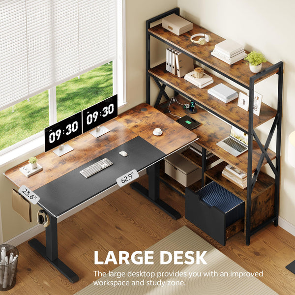 L-Shaped Electric Standing Desk with Hutch & Storage