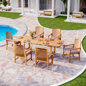 Extendable Acacia Wood Outdoor Dining Set with Cushioned Chairs