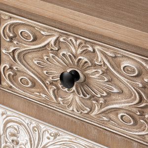 Boho Wood Accent Cabinet with Hand-Carved Drawers – Fully Assembled