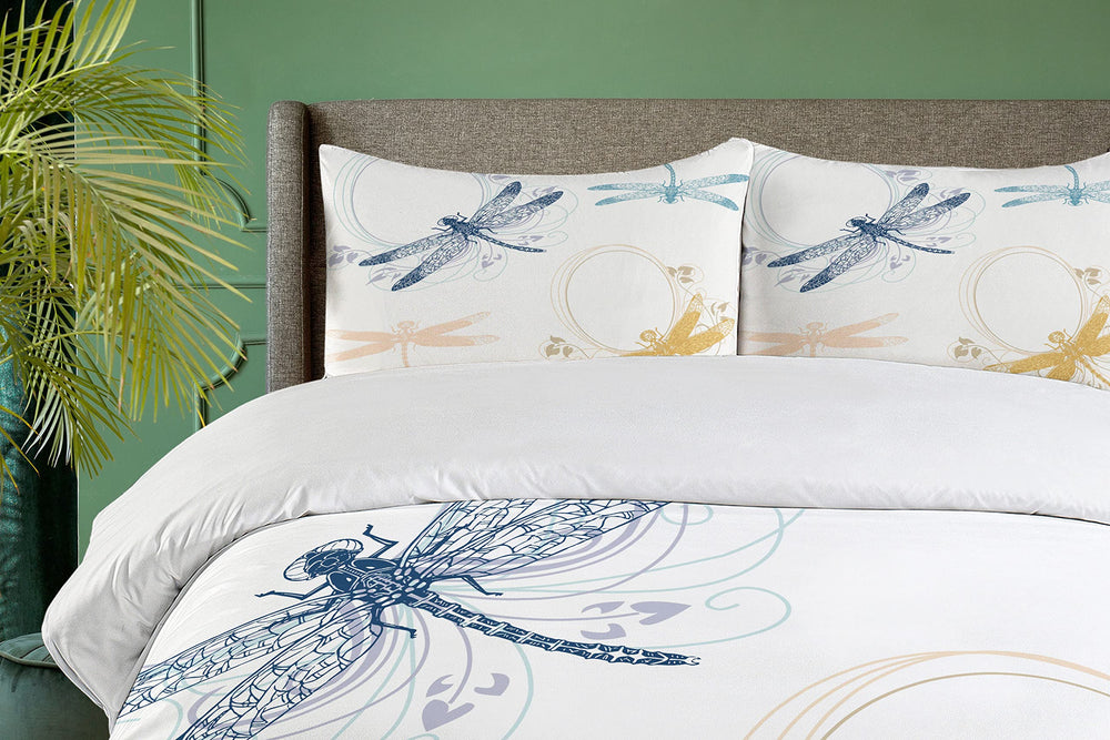 Queen Duvet Cover Set — Dragonfly Floral Print, 3-Piece Bedding Set with Pillow Shams