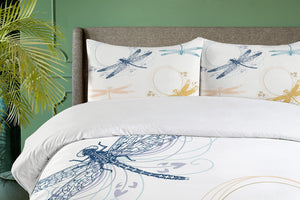 Queen Duvet Cover Set — Dragonfly Floral Print, 3-Piece Bedding Set with Pillow Shams
